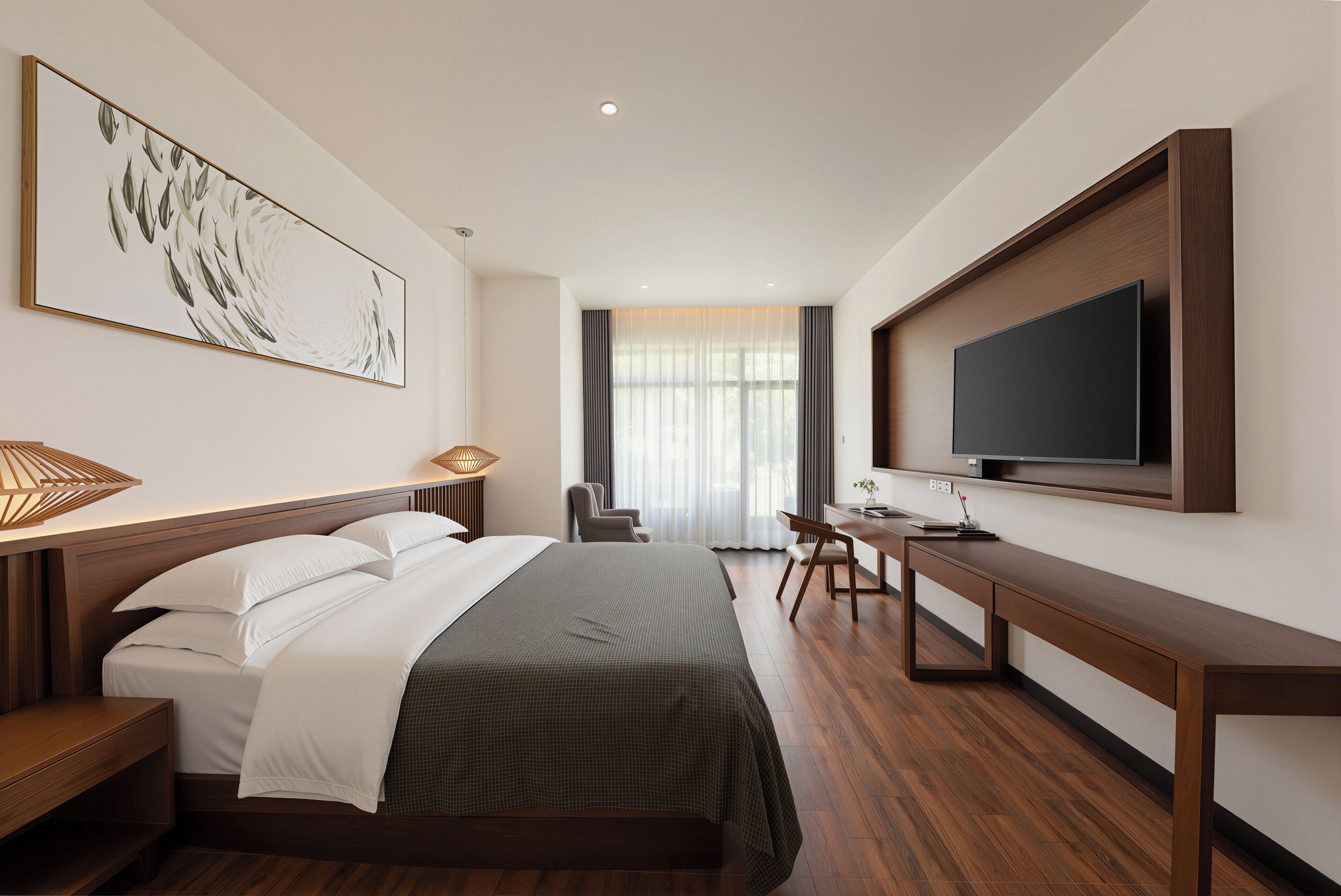 A modern hotel room with a bed, desk, TV, and artwork.