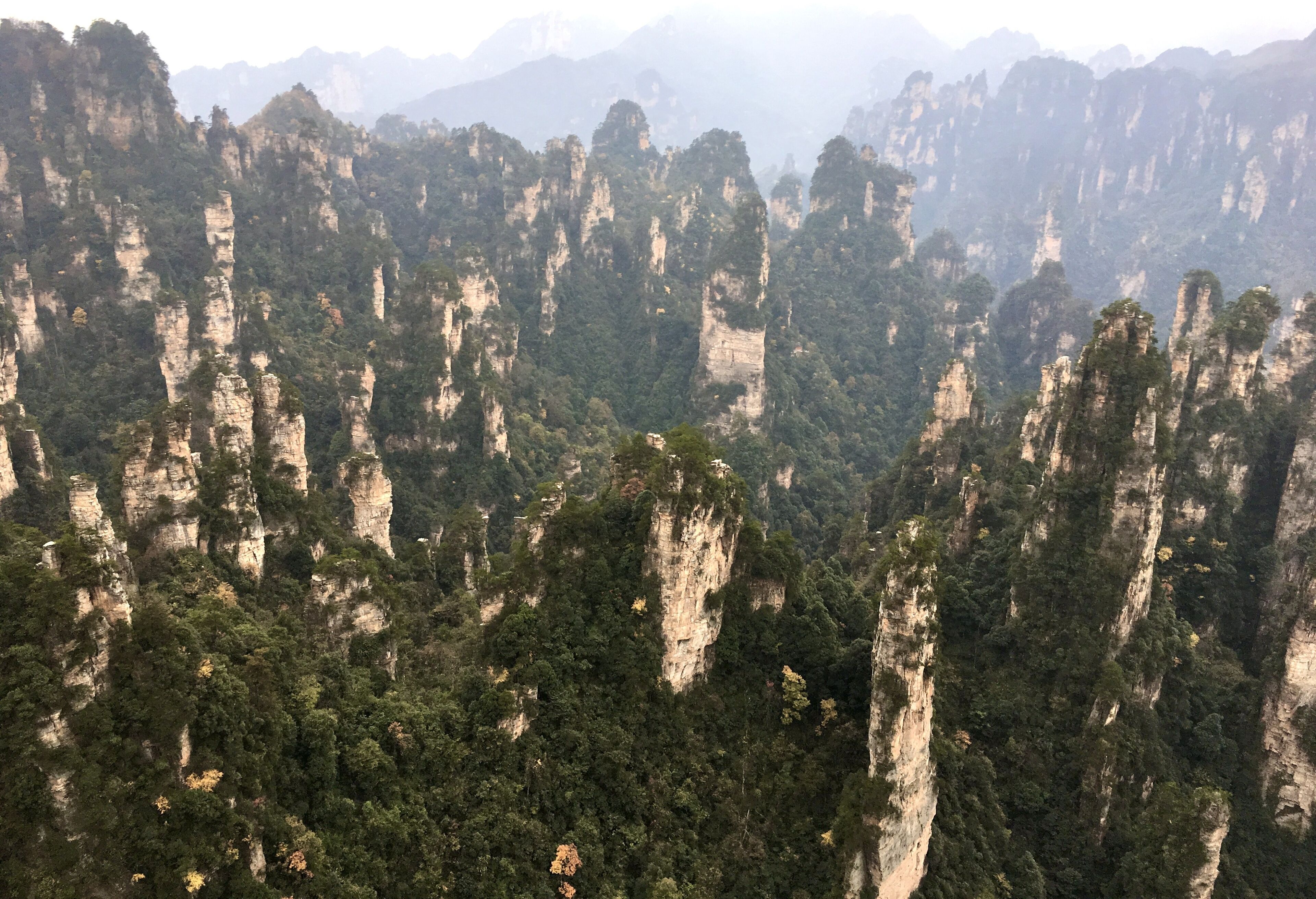 Een panoramisch uitzicht op een bergachtig landschap met hoge, smalle rotsformaties en dicht bos.