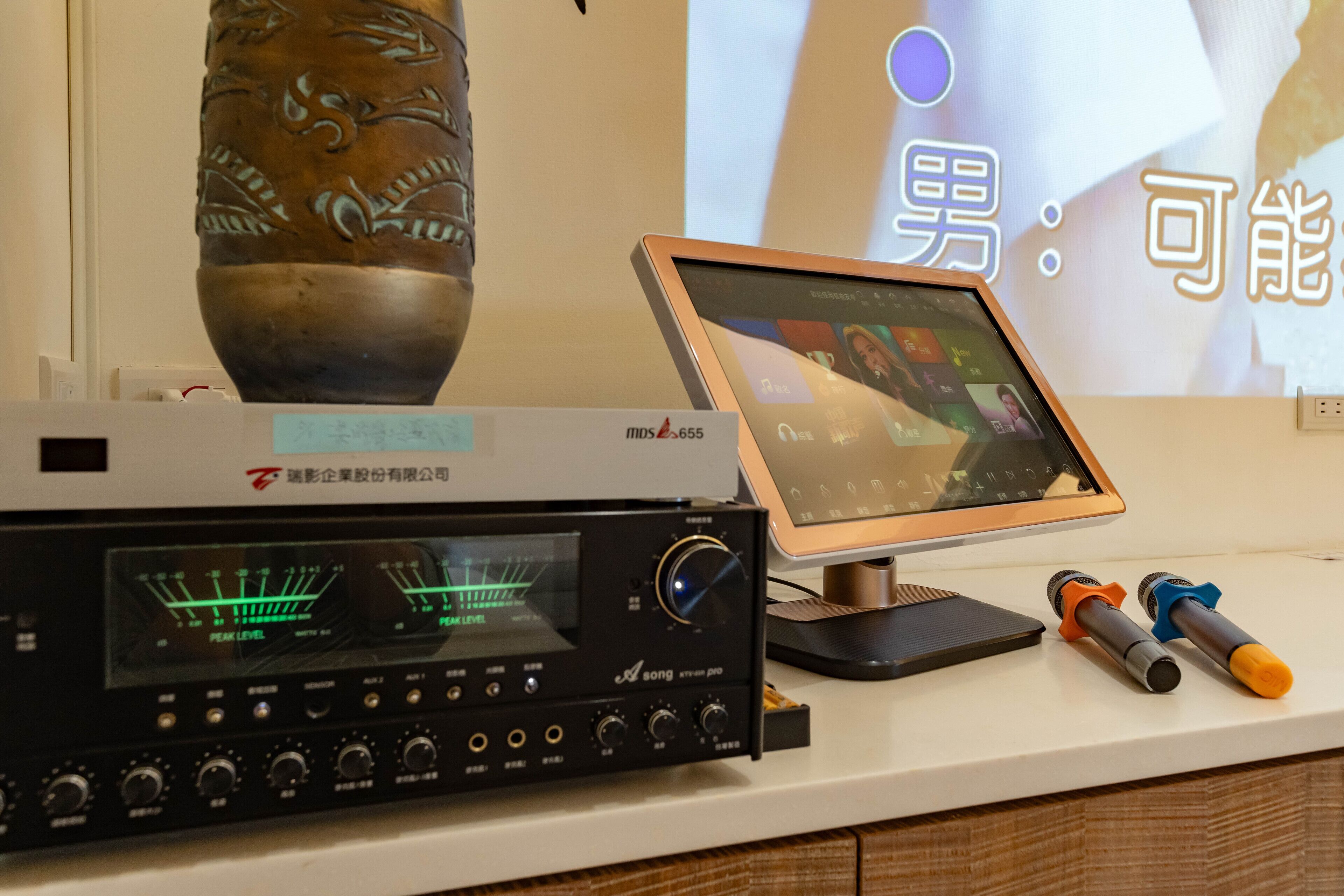 A control panel with a monitor, a speaker, and a microphone on a counter.