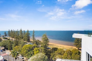 Une vue sur la côte, avec une plage, des arbres et un ciel dégagé.