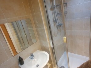 Shower, hair dryer, towels, toilet paper