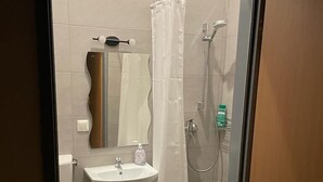 A modern bathroom with a glass shower enclosure, a white sink, and a toilet.
