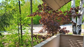 A wooden deck with a view of a road and surrounding trees. - Open concept, deck, fireplace, AC, pet-friendly, near Loon. C6301 by LRS (Lincoln)
