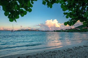 On the beach, sun-loungers, beach towels