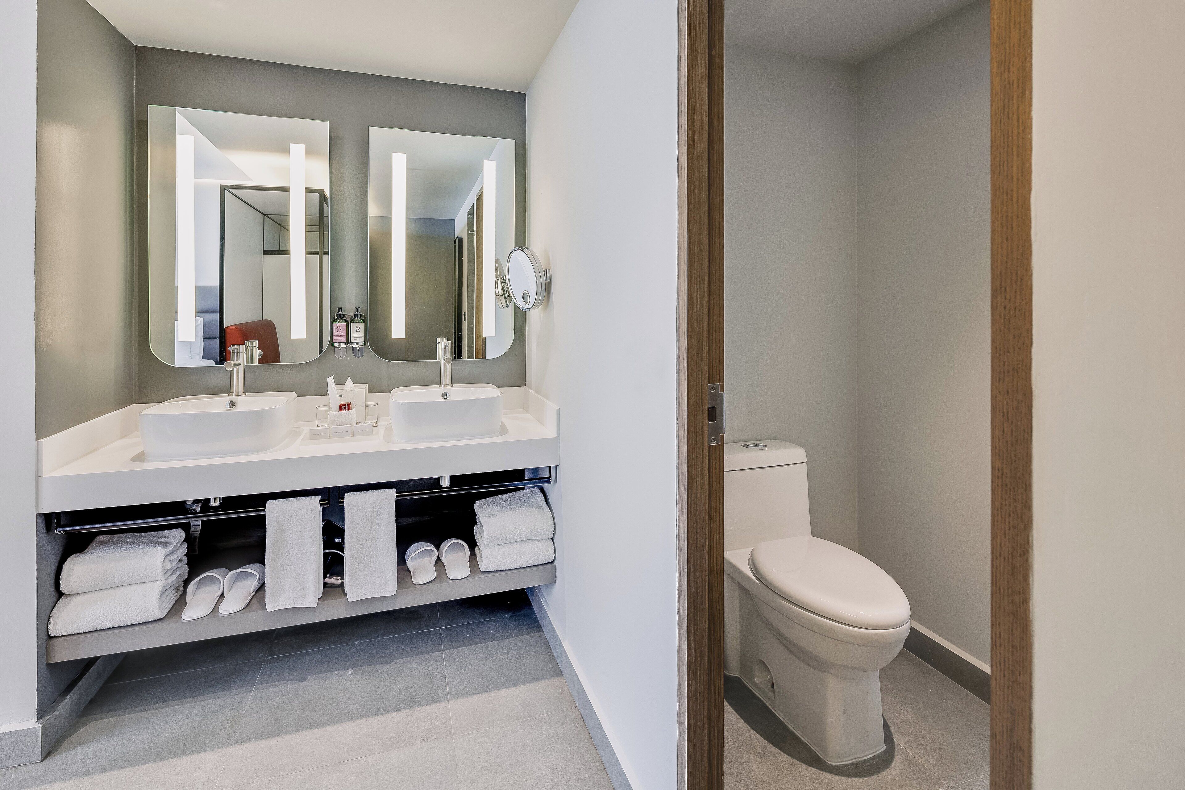 Une salle de bain moderne avec un meuble-lavabo à deux vasques, des toilettes et un miroir.