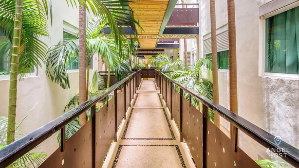 A corridor with a wooden ceiling, surrounded by tall palm trees and a concrete floor.