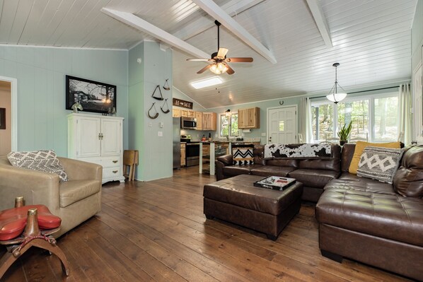 Smart TV, fireplace, DVD player, books