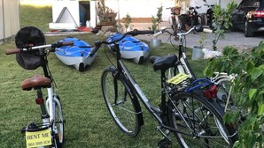 Ein Fahrrad mit der Aufschrift 'RENT ME' und einer Telefonnummer, abgestellt auf einer Rasenfläche, im Hintergrund ein Zelt und Boote.