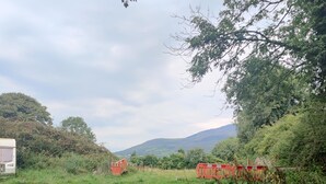 Paisaje rural con un sendero de tierra, una manguera azul y barreras rojas.