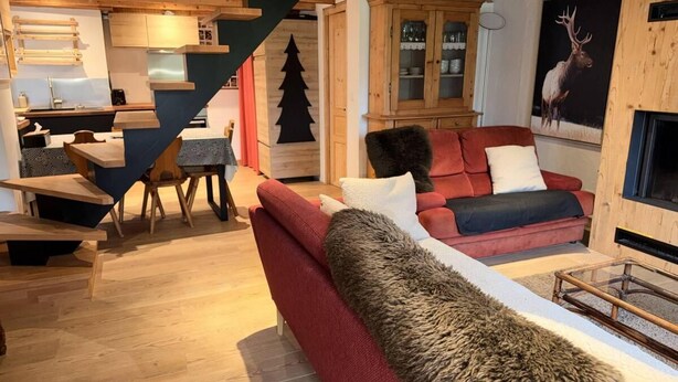 A cozy living room with a red sofa, a glass coffee table, and a fireplace. - Chalet, fireplace or stove, tv, 62m², Pralognan-la-Vanoise (Pralognan-la-Vanoise)