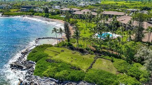 Un resort costero con playa privada, piscina y abundante vegetación.