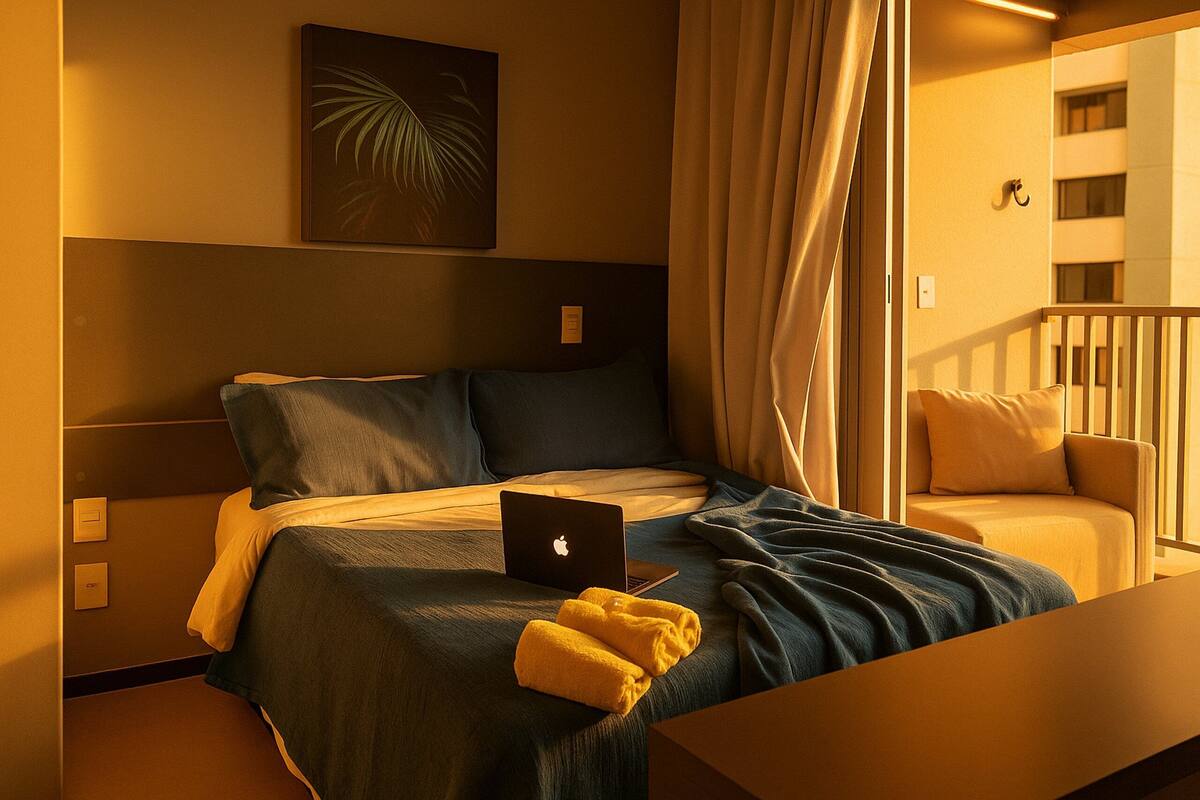 Una habitación de hotel con una cama, una computadora portátil y dos toallas amarillas.