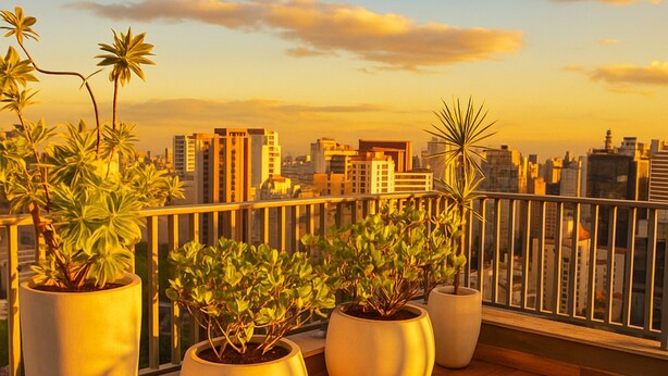 A balcony with large potted plants and a cityscape view. - Elegance Suítes Vergueiro (São Paulo)