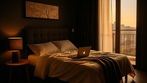 A bedroom with a bed, an open laptop, a bedside lamp, and a city view through a window. - Elegance Suítes Vergueiro (São Paulo)