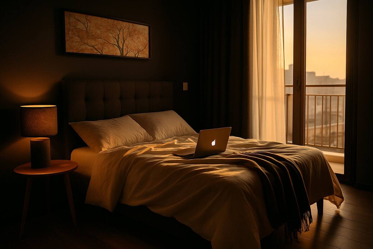 Un dormitorio con una cama, una computadora portátil abierta, una lámpara de noche y una vista de la ciudad a través de una ventana.