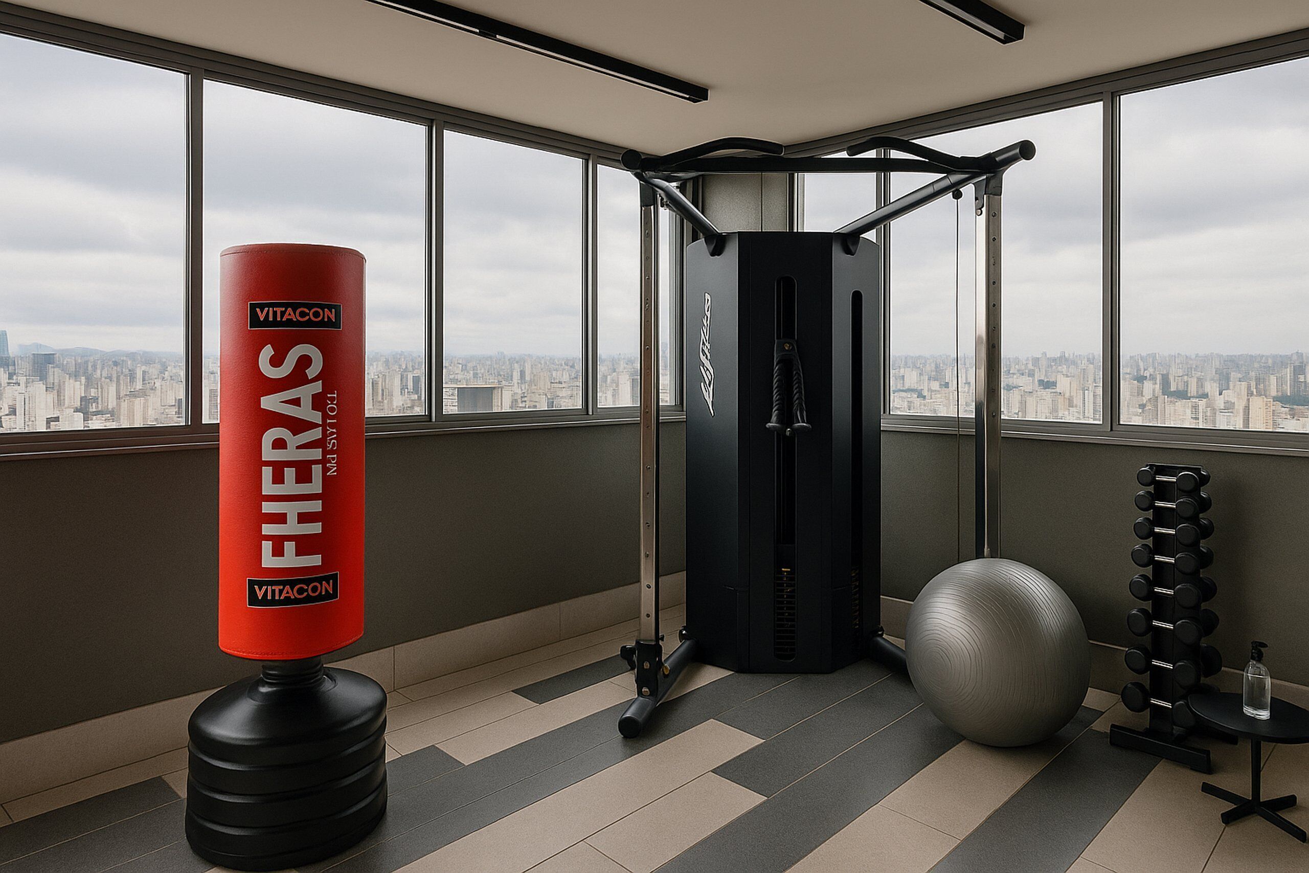 A gym with a punching bag, weight machine, exercise ball, and dumbbells.