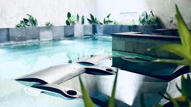 An indoor swimming pool with clear water, surrounded by concrete walls and potted plants. - The Red Farm Relais & Spa (Iklin)