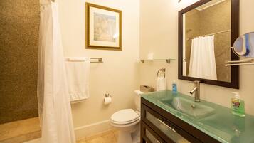 Hair dryer, towels, soap, shampoo