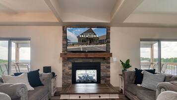 TV, fireplace, DVD player, foosball