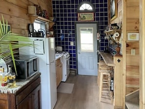 Compact kitchen with refrigerator, stove, microwave, and potted plant.