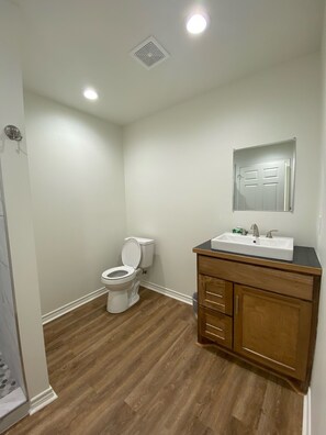 Bathroom features a toilet, sink, and vanity with a mirror and storage.