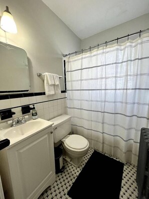 Bañera, secador de pelo, toallas, papel higiénico