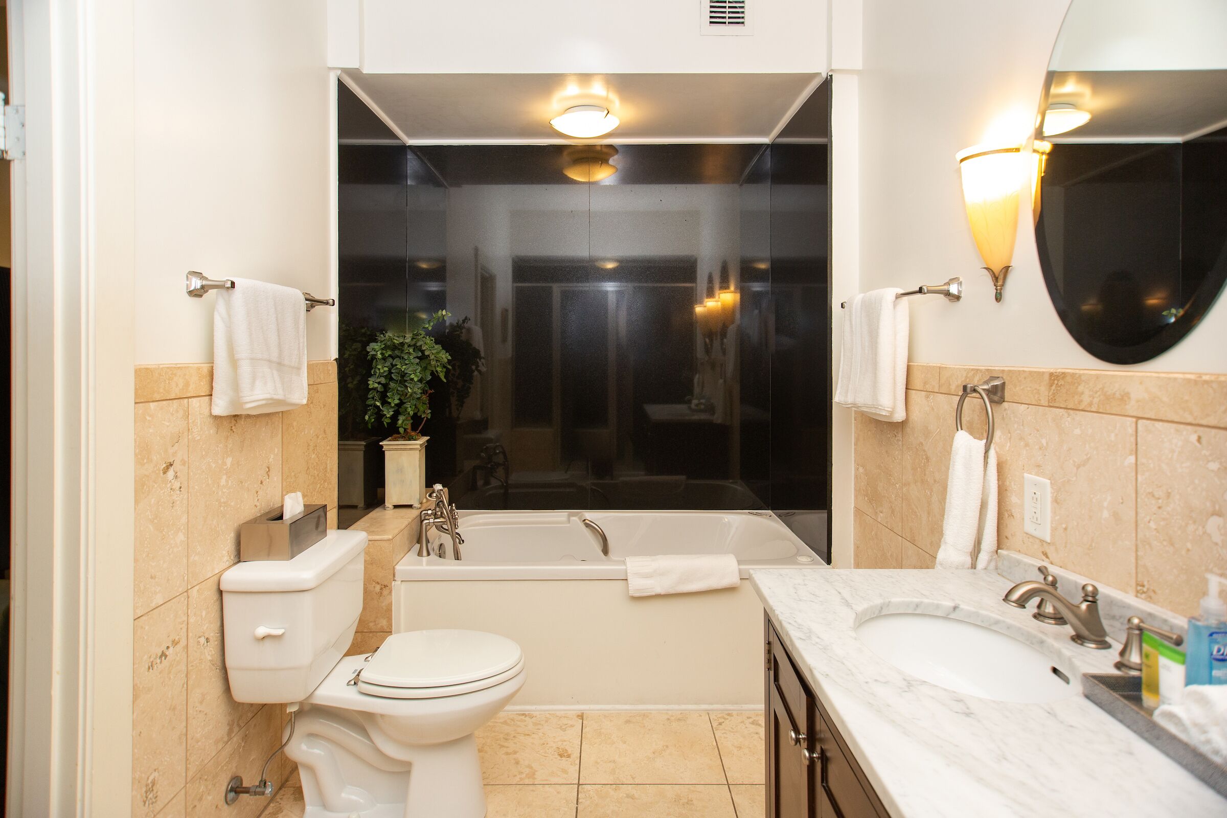 Jetted tub, hair dryer, towels, soap