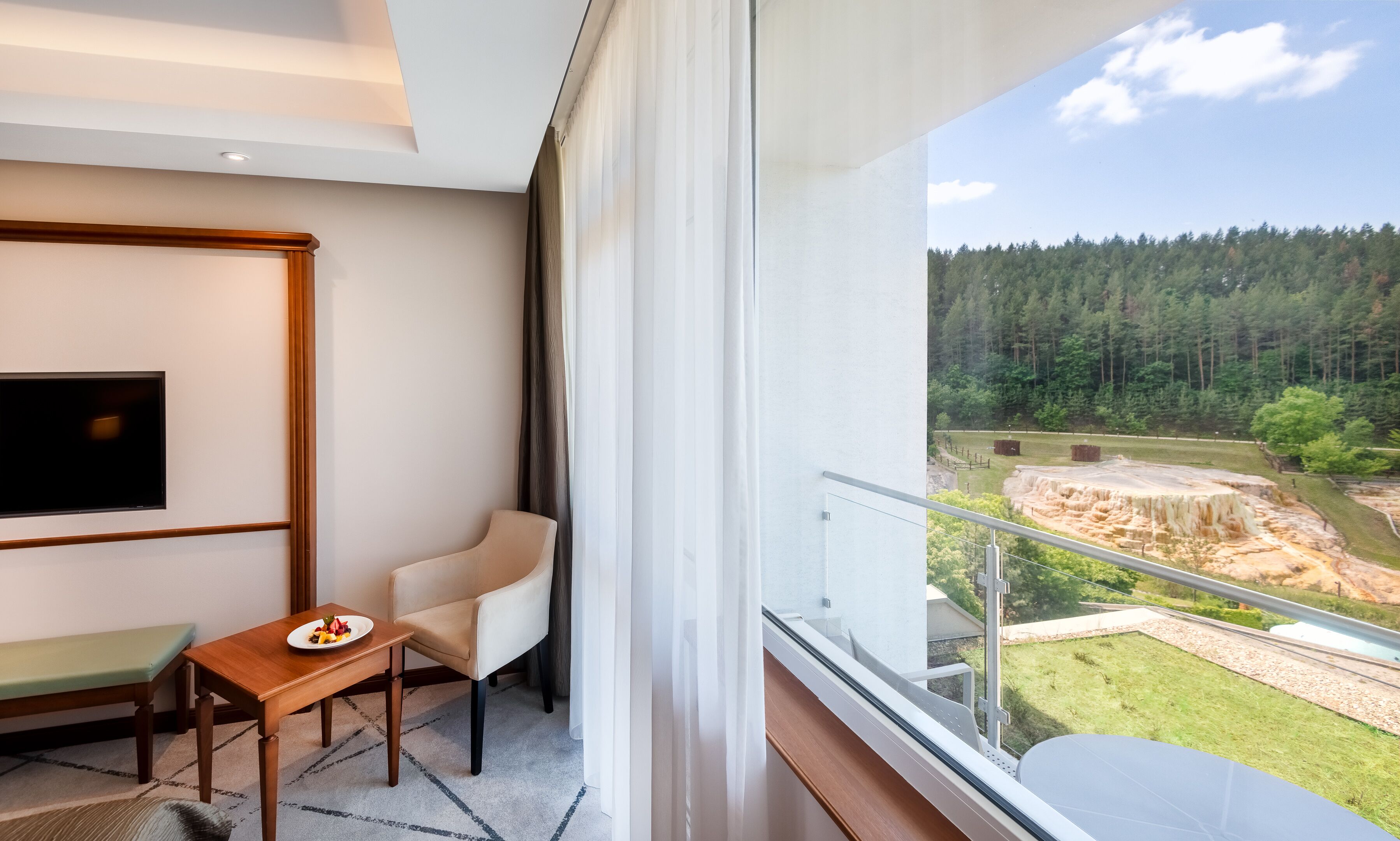 Un balcón con zona de comedor, televisor y vista a un área boscosa.