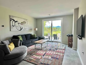 Smart TV, fireplace, books