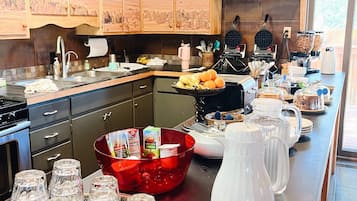 Fridge, microwave, dining tables