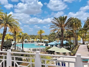 A pool area with lounge chairs and umbrellas, surrounded by palm trees.