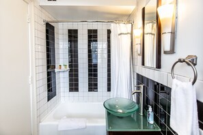 Hair dryer, towels, soap, shampoo