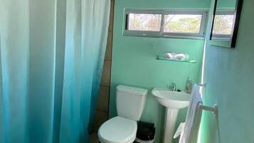 Un baño pequeño con inodoro, lavabo y cortina de ducha.