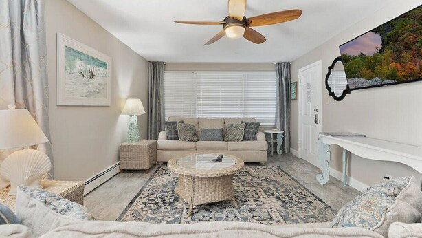 A living room with a sofa, a coffee table, a ceiling fan, a rug, and a painting on the wall.