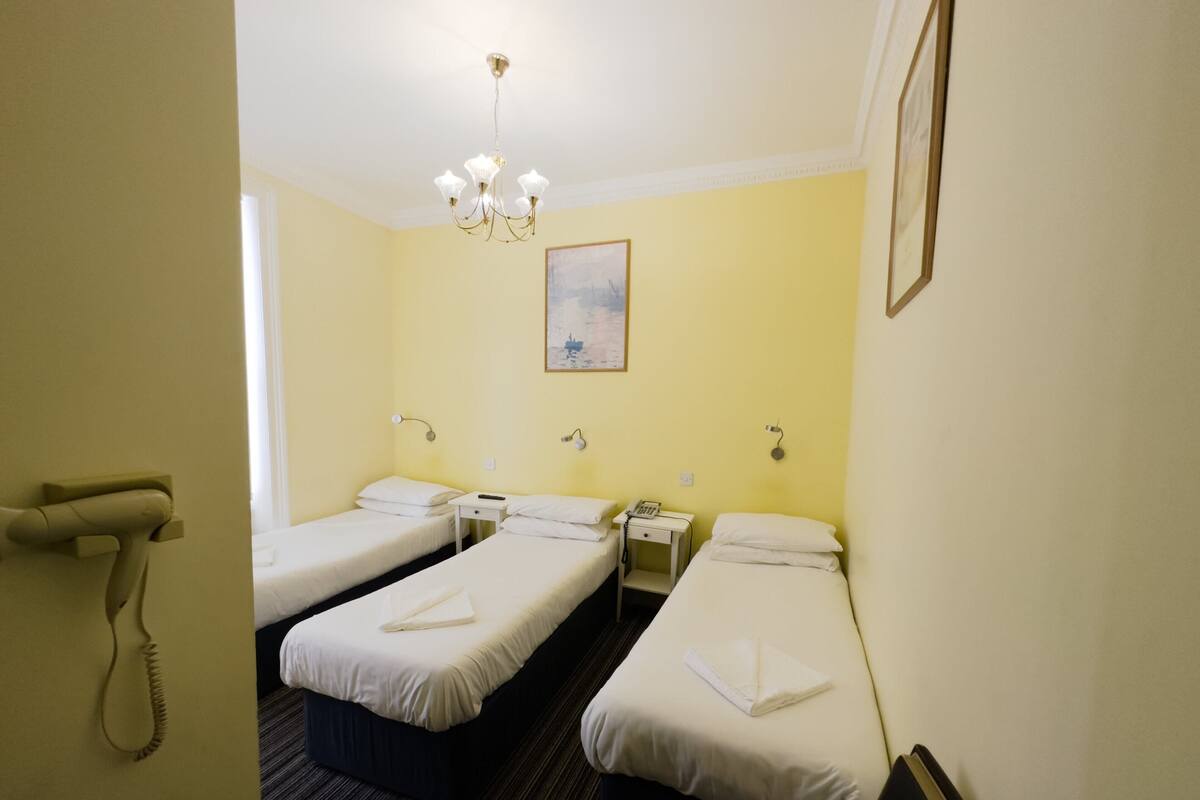 A hotel room with two single beds, a bedside table with a phone, a wall-mounted light fixture, and a painting on the wall.