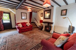 Een smart-tv, een open haard, een dvd-speler en boeken