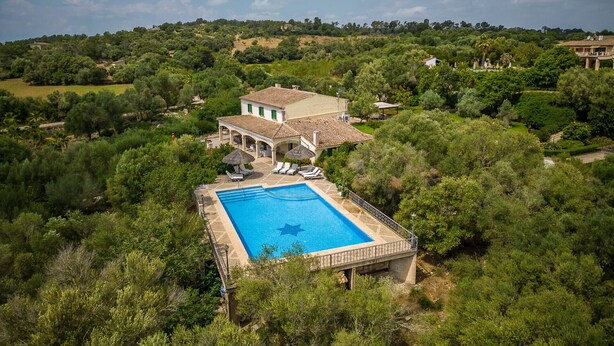 Eine Villa mit Swimmingpool, umgeben von üppiger Vegetation.