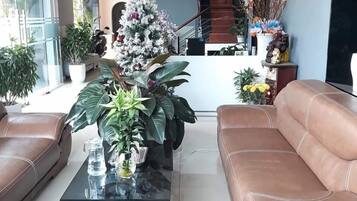 A modern living room with leather sofas, a glass coffee table, and potted plants.