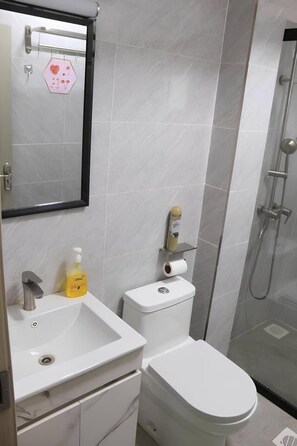 Een badkamer met een wit wastafelmeubel, toilet en douche. Boven het wastafelmeubel hangt een spiegel en aan de muur zit een toiletrolhouder.