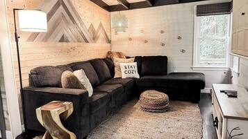 Smart-tv, een open haard, een dvd-speler en boeken