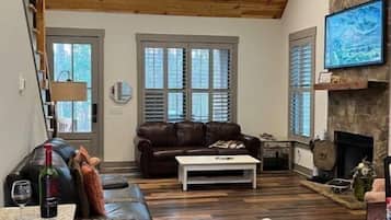 Una Smart TV, una chimenea, libros