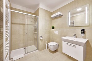Buồng tắm vòi sen, máy sấy tóc, khăn tắm, xà phòng 