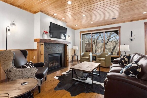 Smart-TV, Kamin, Bücher, Stereoanlage