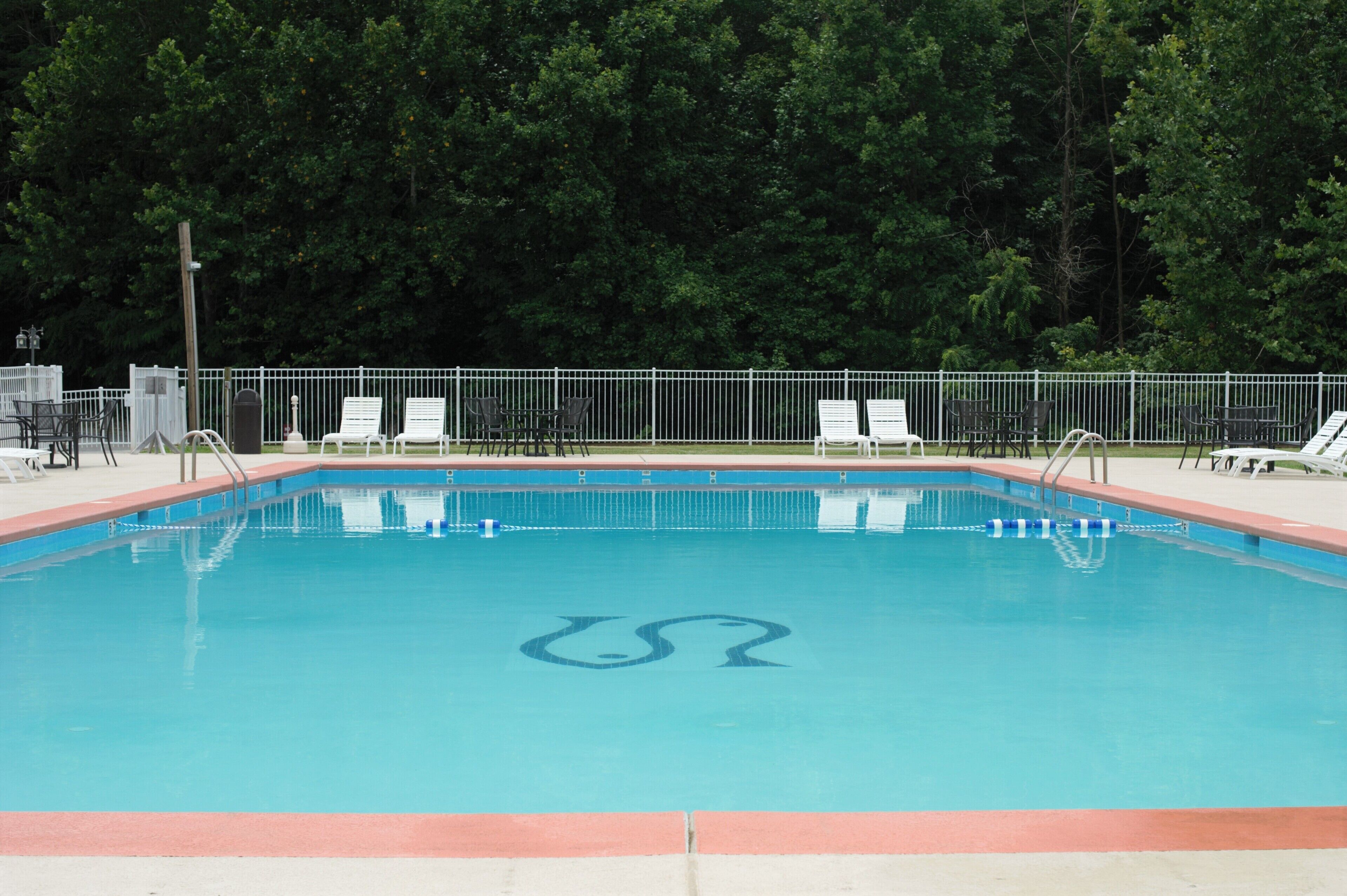 Une piscine rectangulaire bordée de bleu et entourée d’une clôture blanche.