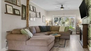 Smart TV, fireplace, books