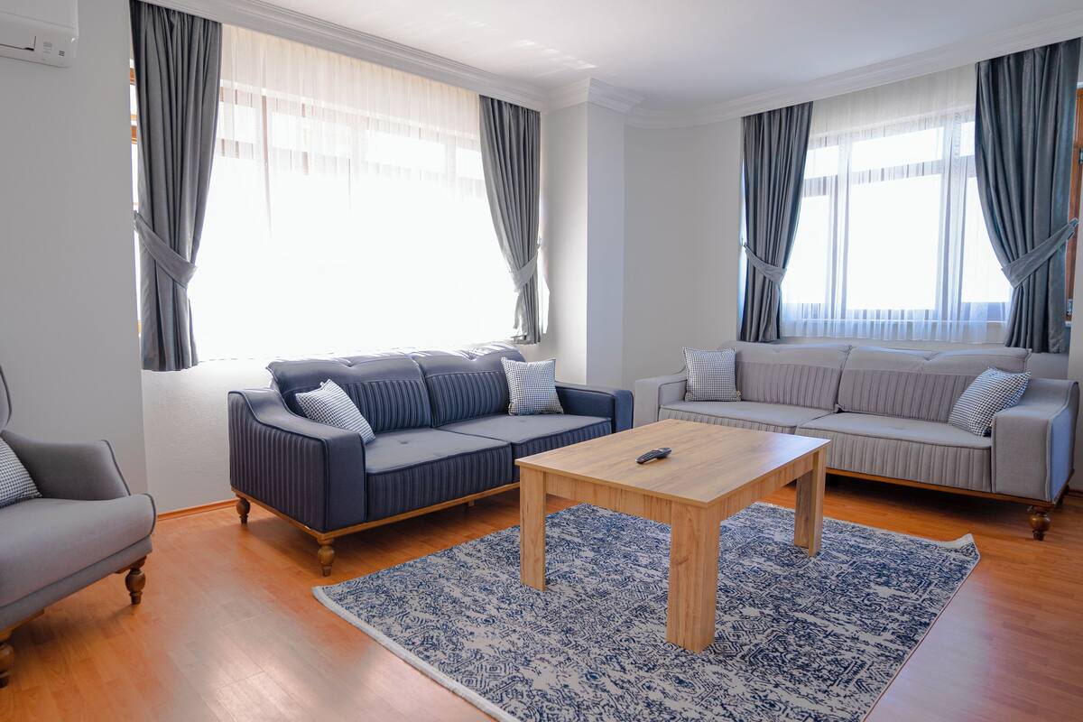 A modern living room with a grey armchair, a blue sofa, and a light-colored sofa. A wooden coffee table is in the center.
