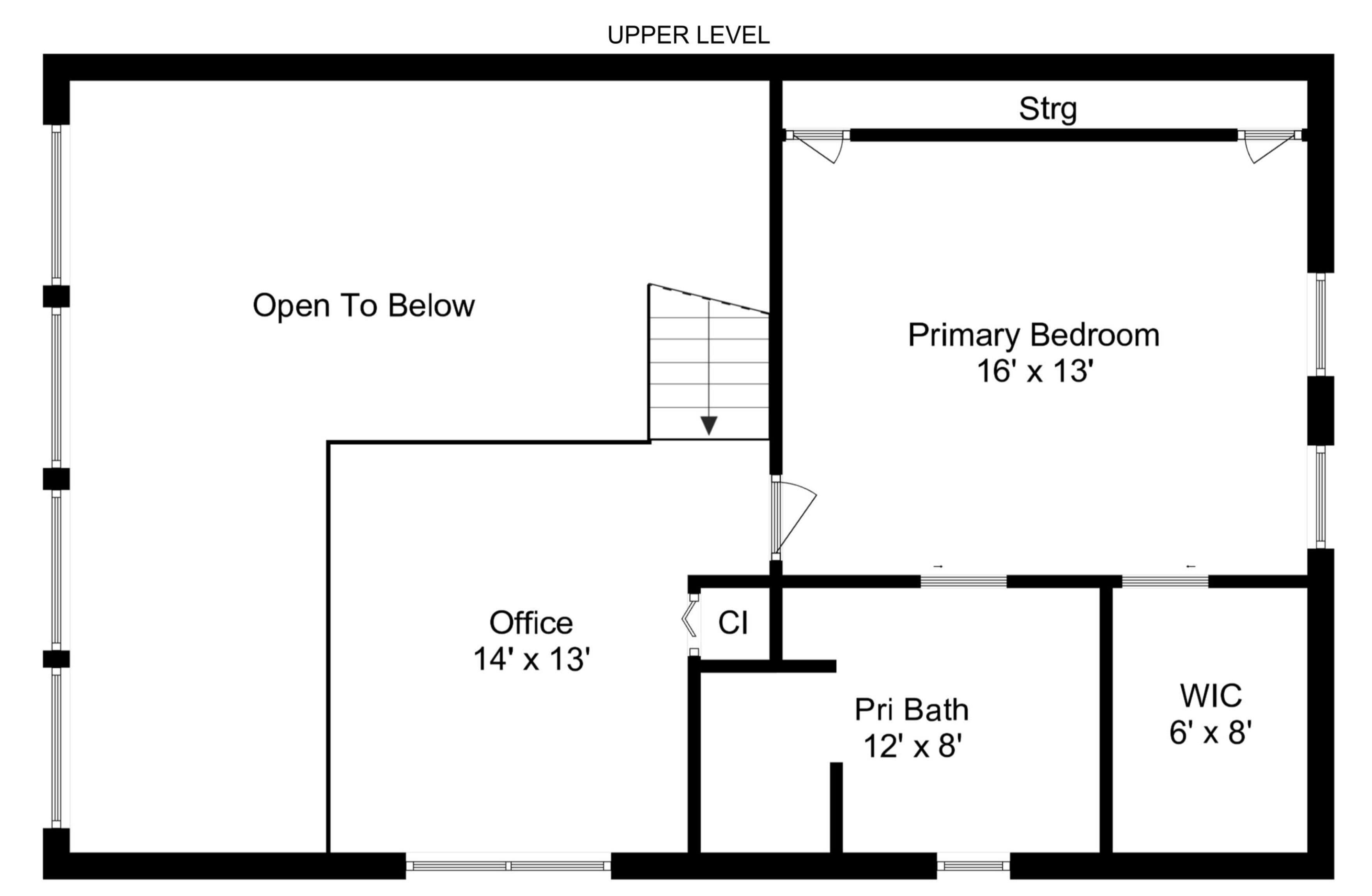 A floor plan with a primary bedroom, office, primary bathroom, and WC.