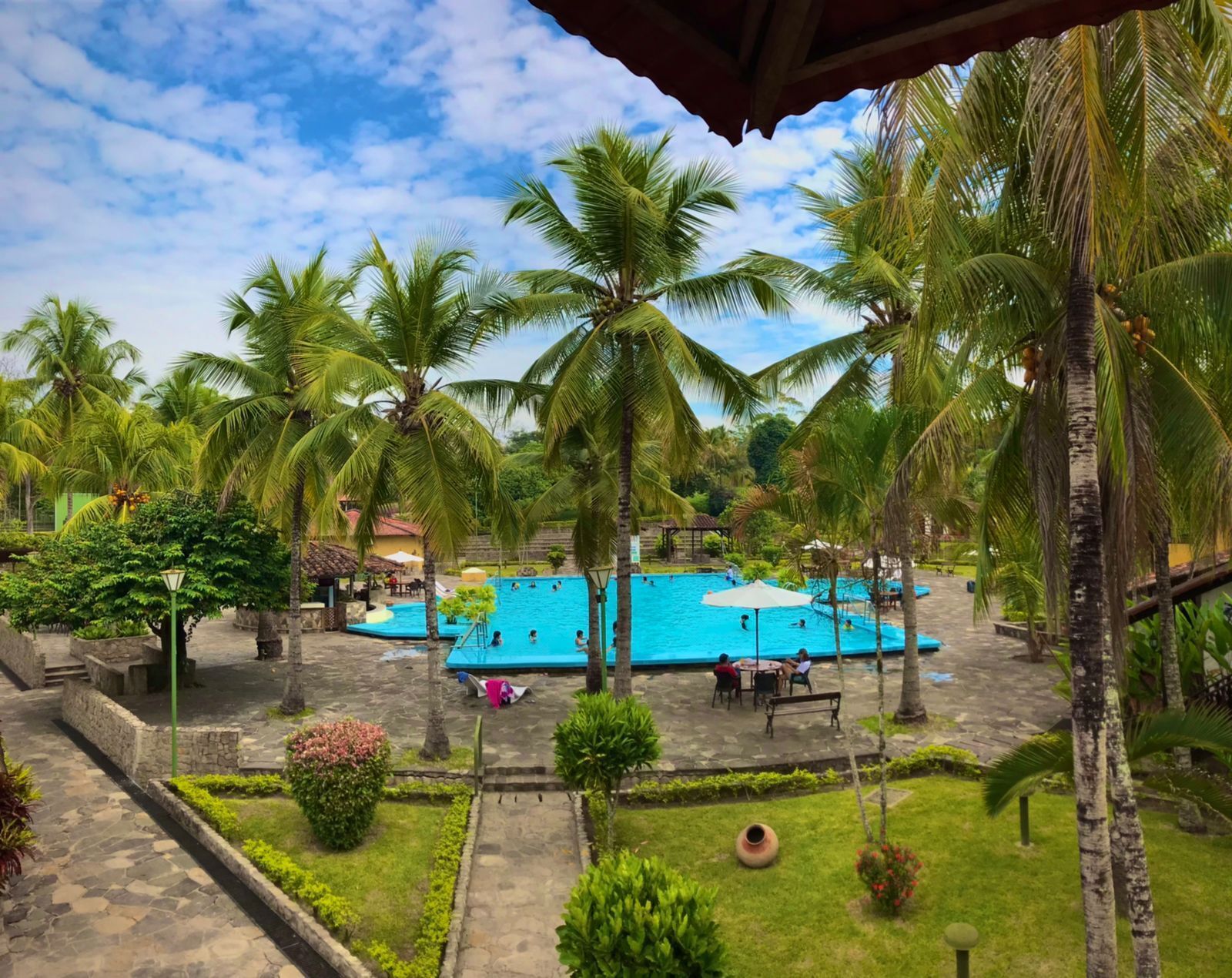 A pool area with palm trees, a covered seating area, and a stone pathway.