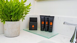 Bathroom features a sleek sink and a shelf with skincare products, including facial bar and shampoo and conditioner.