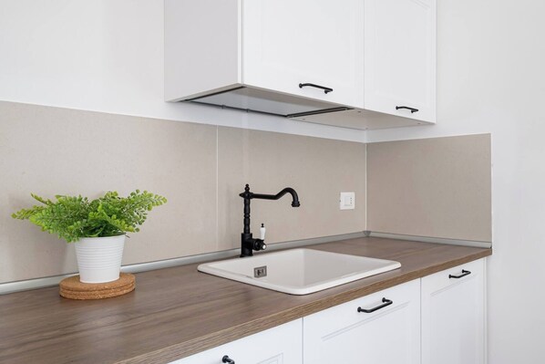 Fridge, oven, stovetop, coffee/tea maker